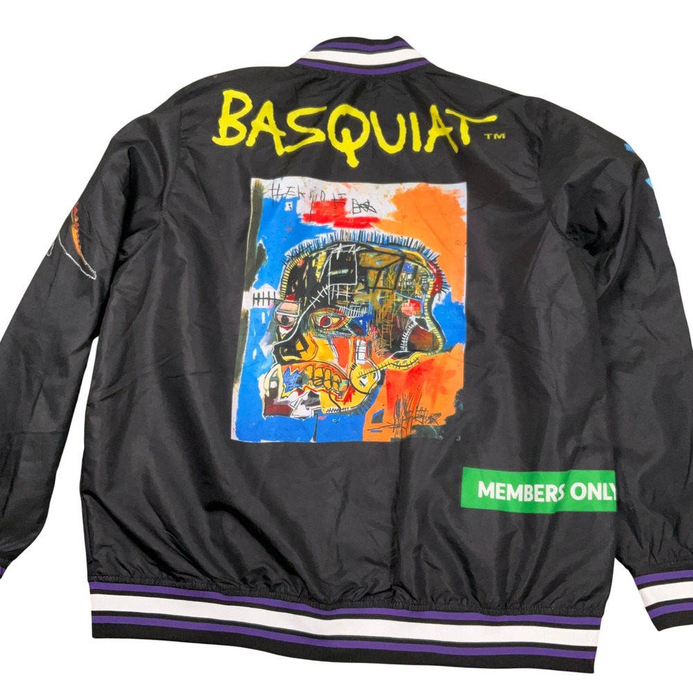 Members Only Basquiat Jacket Mens L Black Graphic Art Windbreaker Edgy Bomber